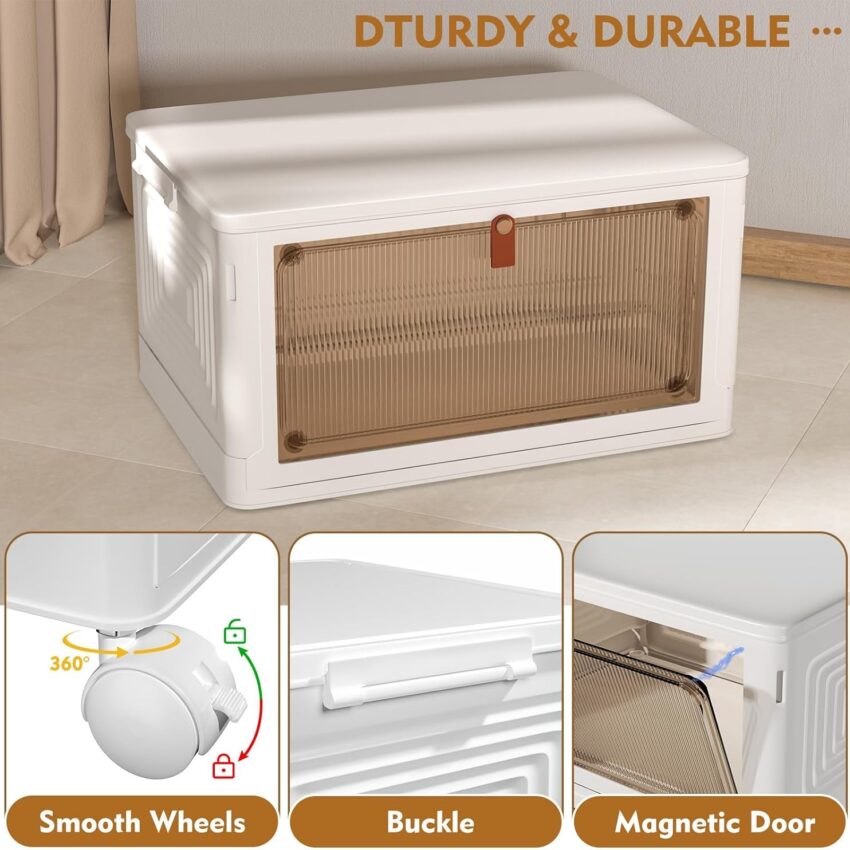 "4-Tier Stackable Storage Bins with Lid & Wheels – 23QT, Folding Closet Organizers"