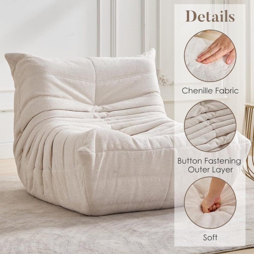 "Bean Bag Chair – Chenille Accent Sofa for Living Room, Bedroom, Office (White)"