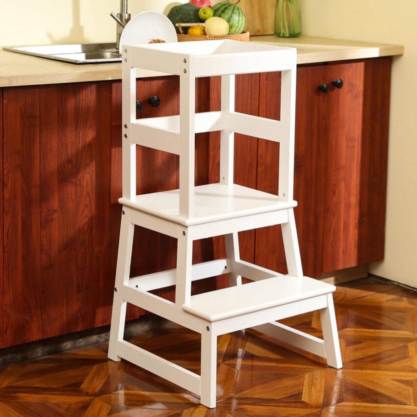 White Wooden Toddler Kitchen Step Stool with Safety Rail – Montessori Standing Tower