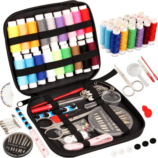 Basic Sewing Kit with Needle & Thread, Supplies & Accessories for Adults, Kids, Beginners, Home, Travel, Emergency (Includes Scissors, Tape Measure, Needle Threader & More)