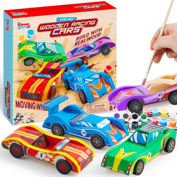 DIY Wooden Race Cars Kit – Build & Paint 4 Toy Cars, Easy Arts & Crafts for Kids, Birthday Gift