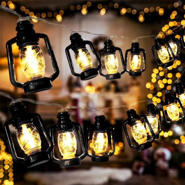 20-LED Black Lantern String Lights – Mini Kerosene Lamps for Indoor/Outdoor Holiday & Party Decor
