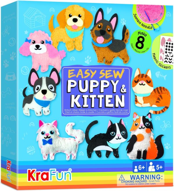 Easy Sewing Kit for Kids, 8 DIY Stuffed Animal Projects (Puppies & Kittens) with Instructions & Felt