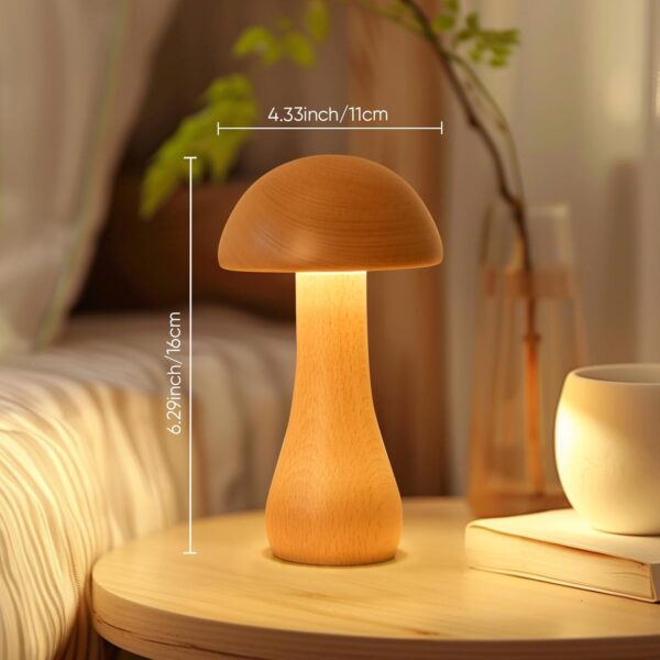 Wooden Mushroom Touch Lamp – Cordless, Rechargeable, Adjustable 360° Dimming Night Light