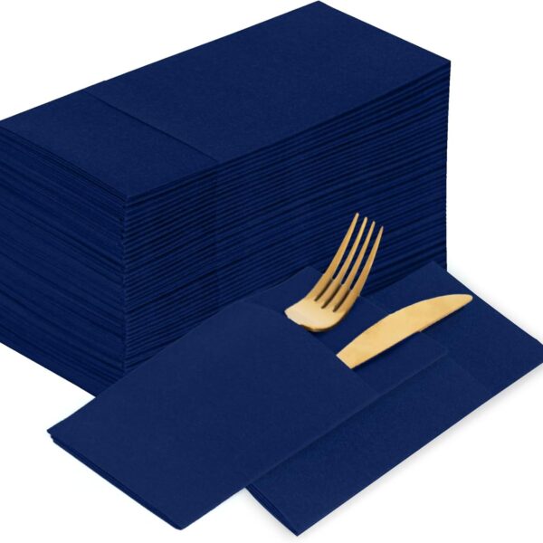 100 PCS Navy Blue Disposable Dinner Napkins – Cloth-Like with Pocket Fold for Weddings, Parties & Bathroom Use (16.5" x 16.5")
