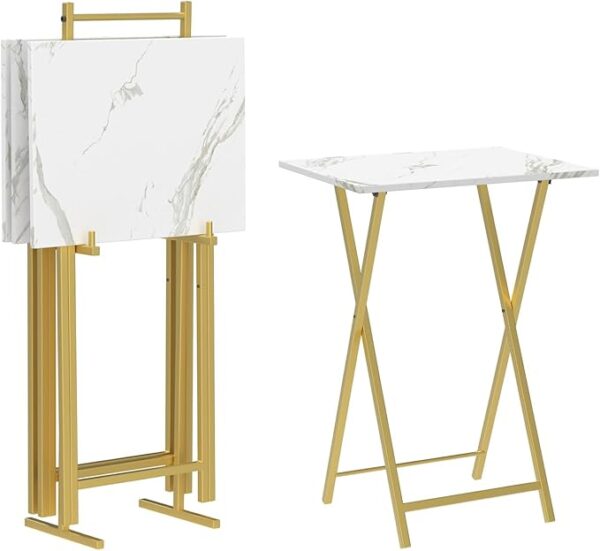 Set of 4 Folding TV Tray Tables with Storage Rack – Marble & Gold, Easy Assembly, DM50BZ01