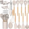 33-Piece Silicone Kitchen Utensils Set – Non-Stick Cooking Tools with Holder & Wooden Handles (Khaki) - Image 7