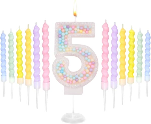 Number 5 Birthday Candle with 12 Rainbow Pearl Candles – Macaron Glitter Cake Topper