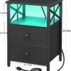 Set of 2 LED Nightstands with Charging Station – Black Bedside Tables with Fabric Drawers - Image 2