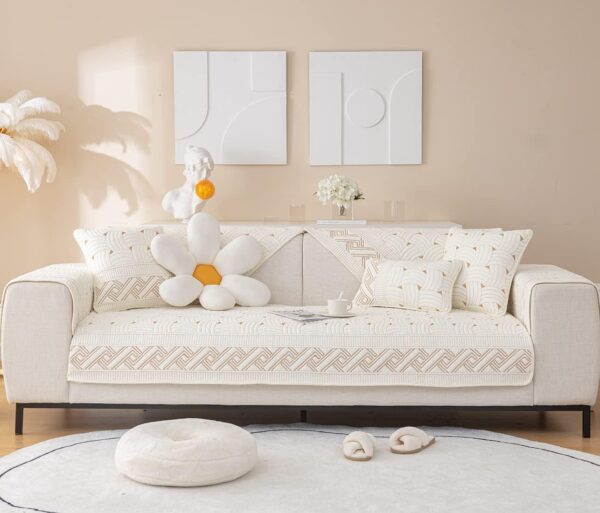 Farmhouse Cotton Quilted Sofa Cover – Embroidered, Non-Slip Furniture Protector for Pets & Kids (Ivory, 28"x28")