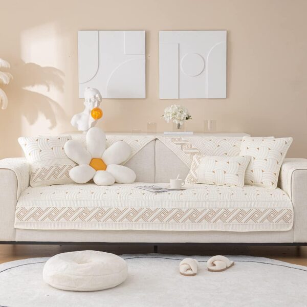 Farmhouse Cotton Quilted Sofa Cover – Embroidered, Non-Slip Furniture Protector for Pets & Kids (Ivory, 28"x28")