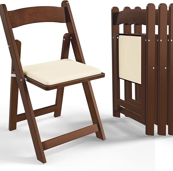4-Pack Wooden Folding Chairs with Cushions – Portable & Durable for Indoor/Outdoor Use, Walnut Brown
