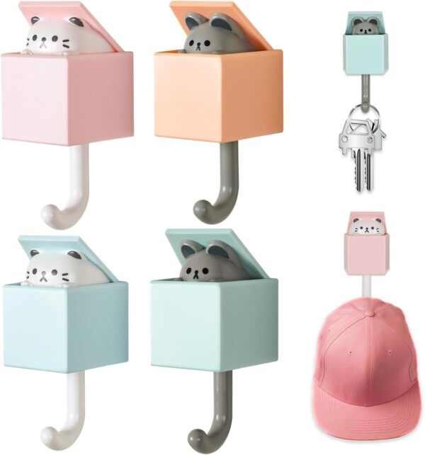 4 Pcs Cute Cat Key Holder, Creative Adhesive Mouse Cat Wall Hooks