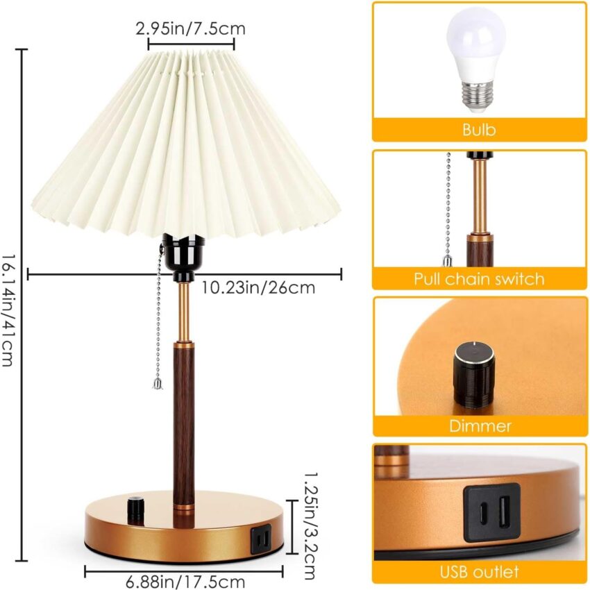 Dimmable Bedside Table Lamp with USB-C, Fabric Shade & Bulb – Small Nightstand Lamp for Bedroom/Living Room