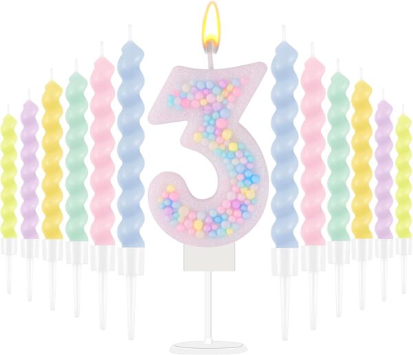 Rainbow Number 3 Birthday Candle – 3D Macaron Glitter with 12 Spiral Candles