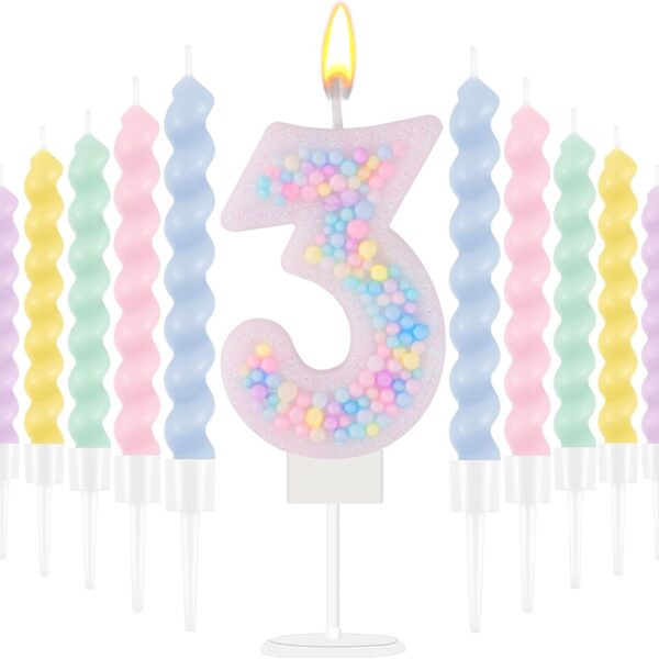 Rainbow Number 3 Birthday Candle – 3D Macaron Glitter with 12 Spiral Candles