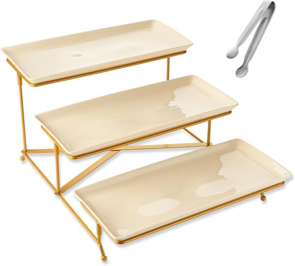 3-Tier Serving Tray – 14" Beige Platters with Collapsible Gold Iron Rack for Fruit & Dessert Display