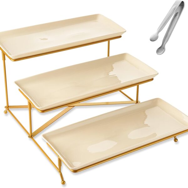 3-Tier Serving Tray – 14" Beige Platters with Collapsible Gold Iron Rack for Fruit & Dessert Display