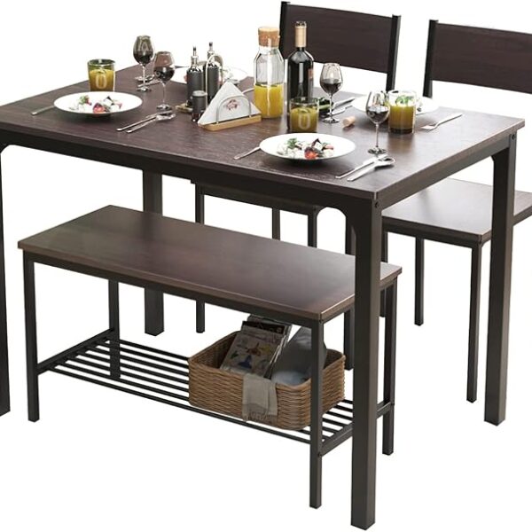 4-Piece Dining Table Set with Bench & Chairs – 43.3" Rustic Oak Kitchen Set for Small Spaces