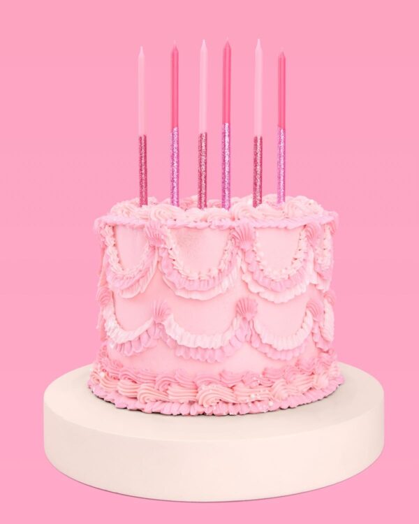 10 Pink Glitter Tall Cake Candles – Party, Birthday, Baby Shower Decor
