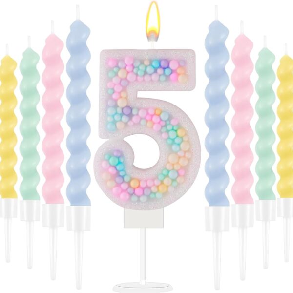 Rainbow Number 5 Birthday Candle Set – 3D Glitter Candle + 12 Spiral Candles