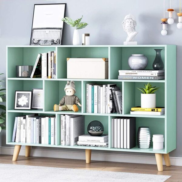 3-Tier Wooden Bookcase with Legs – 10-Cube Open Shelf, Tiffany Green