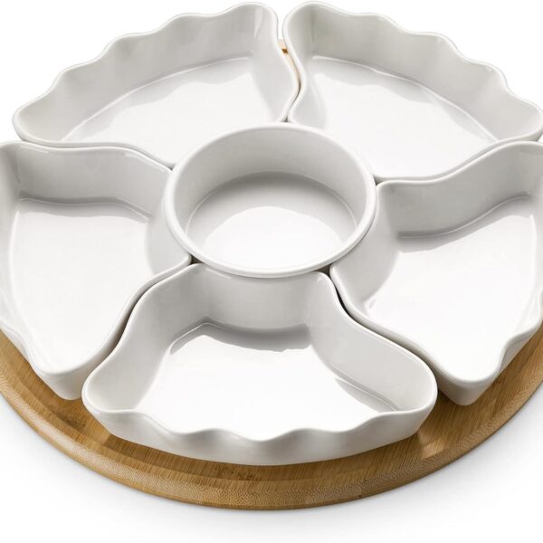 360° Rotatable 12" Divided Serving Tray – 7-Piece White Platter for Snacks, Chips & Dip