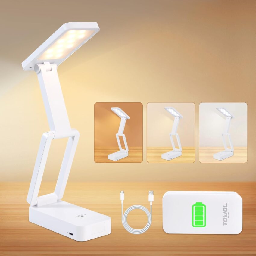 Battery-Operated Desk Lamp, 3600mAh Rechargeable, 3 Color Temps, Foldable & Portable