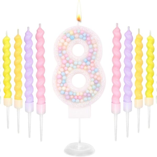Number 8 Birthday Candle with 12 Rainbow Pearl Candles – Macaron Glitter Topper