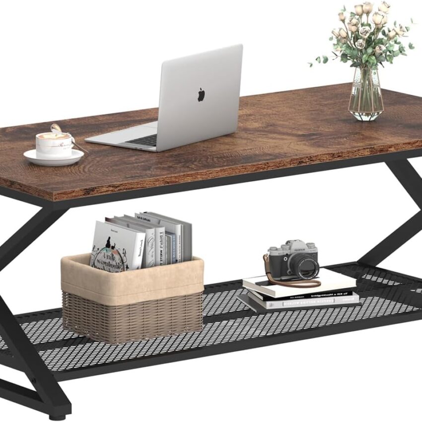 Rustic Coffee Table with Storage – 47" Industrial Wood & Metal 2-Tier Table with Mesh Shelf (Rustic Brown)