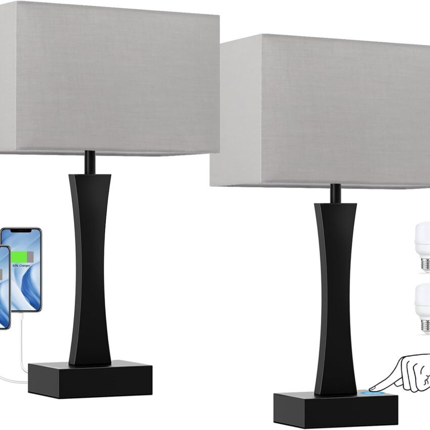 Set of 2 Touch Bedside Lamps – 3-Way Dimmable with USB-C & A Ports, Bulbs Included