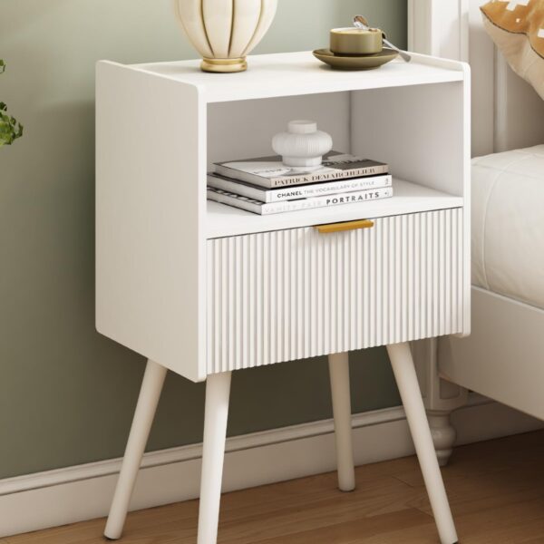 White Nightstand – Modern Bedside Table with Drawer & Open Shelf, Solid Wood Legs