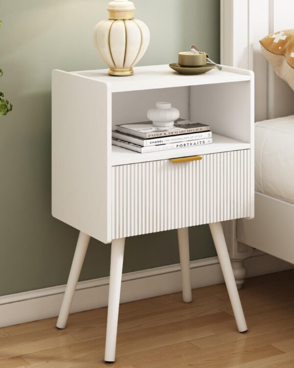White Nightstand – Modern Bedside Table with Drawer & Open Shelf, Solid Wood Legs