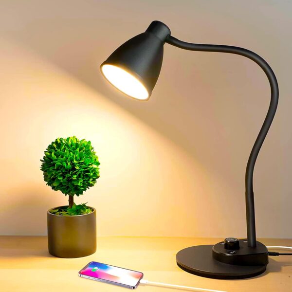 LED Desk Lamp with USB Port, 3 Color Modes, Dimmable, Flexible Gooseneck for Office & Bedside