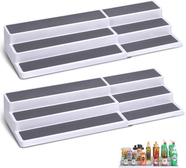 3-Tier Expandable Spice Rack Organizer – White/Grey Plastic, Adjustable 14.6"-25.8", 2 Pack