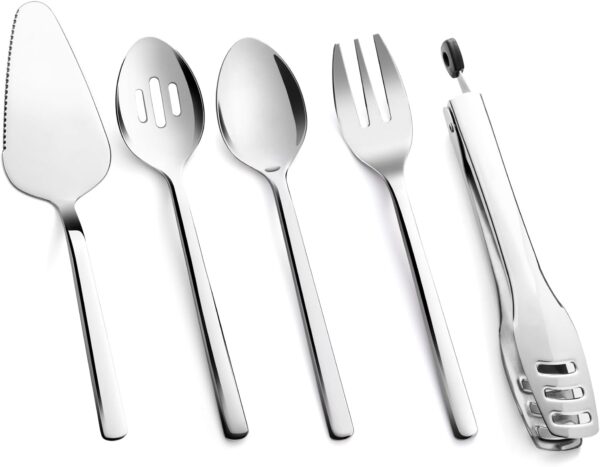 10" Heavy-Duty 18/10 Stainless Steel Hostess Serving Utensil Set – Spoons, Fork, Tongs & Server