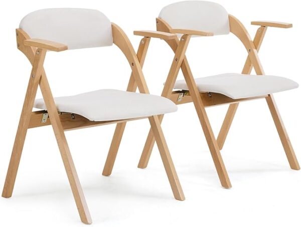 2-Pack Wooden Folding Chairs with Cushions & Armrests – White/Natural, Indoor Use