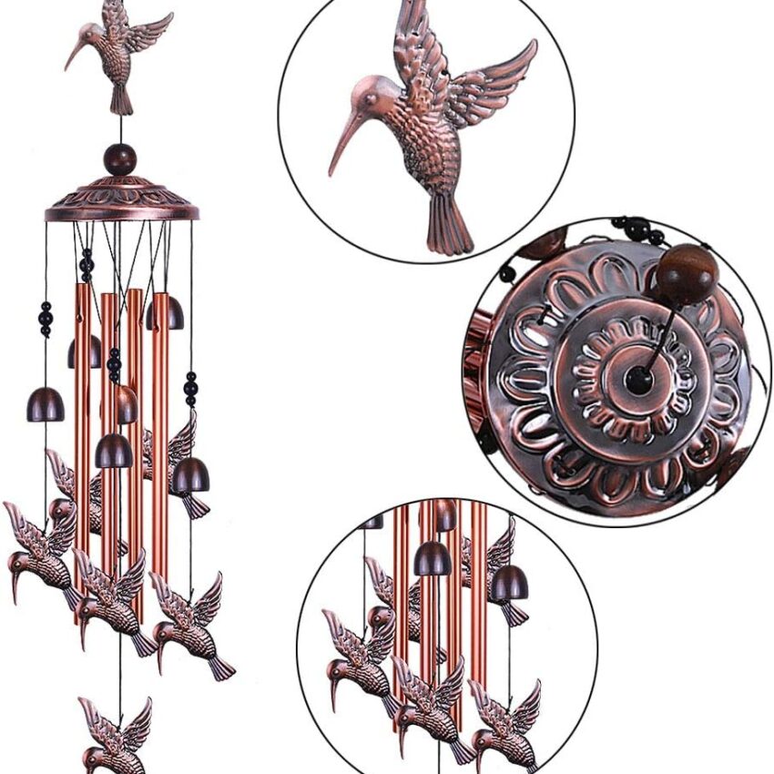Garden Hummingbird Wind Chimes – 4 Tubes, 6 Bells, 7 Hummingbirds for Home & Garden Decor