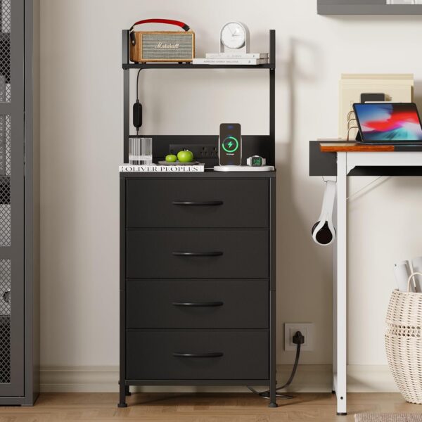 Black Nightstand with LED & Charging Station – 4 Drawers + Shelf