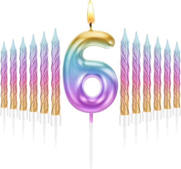 2.7" Rainbow Number 6 Candle with 12 Spiral Candles – Birthday Cake Topper
