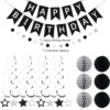 Black & Silver Birthday Decorations – Banner, Honeycomb Balls, Swirls & Garland for All Ages - Image 2