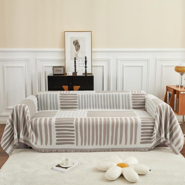 Chenille Sectional Couch Cover – Stretchable, Non-Slip Sofa Protector for 3-Cushion Loveseat (Khaki Striped, 71" x 118")