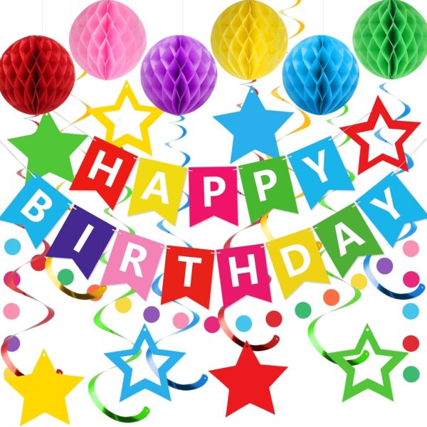 Rainbow Birthday Decorations – Happy Birthday Banner, Honeycomb Balls, Swirls & Garland for All Ages