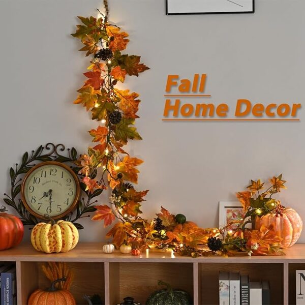 6ft Fall Maple Leaf Garland with Lights – Autumn Decor with Pine Cones & Berries for Thanksgiving & Home Decor
