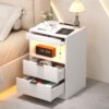 LED Nightstand with Charging Station – Modern Side Table with 2 Pull-Out Shelves, White - Image 5