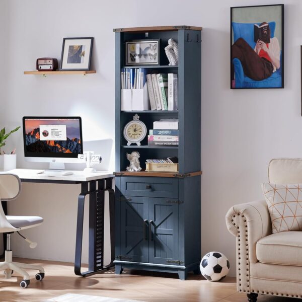 72" Farmhouse Bookshelf – 7-Tier Bookcase with Drawer, Barn Doors & Adjustable Shelves (Blue)