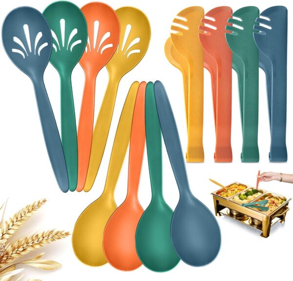 12-Piece Reusable Plastic Serving Utensils – 10" Spoons, Slotted Spoons & Tongs for Party Buffet (Orange/Blue/Yellow/Green)