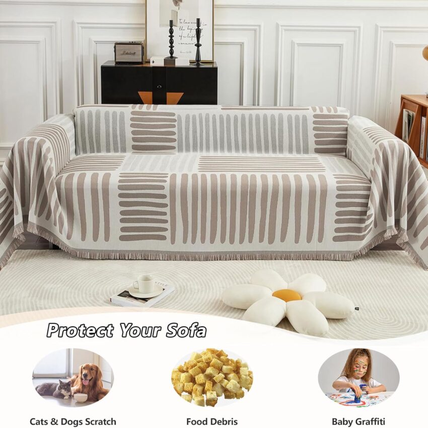 Chenille Sectional Couch Cover – Stretchable, Non-Slip Sofa Protector for 3-Cushion Loveseat (Khaki Striped, 71" x 118")