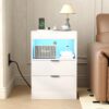 LED Nightstand with Charging Station – Modern Side Table with 2 Pull-Out Shelves, White - Image 2