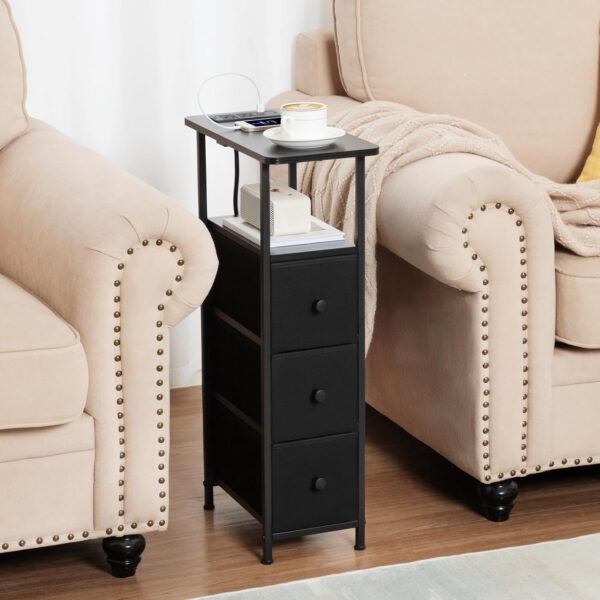 Set of 2 Narrow End Tables with Charging Station – Slim Nightstands with Fabric Drawers